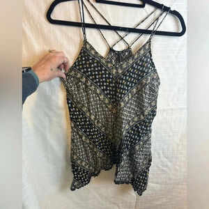 Stradivarius Black Yellow Floral Boho Spaghetti Strap Tank Top Women's S